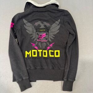 Fox Racing Jacket Women S Gray Moto Co Sherpa Collar Button Up Graphic Fleece